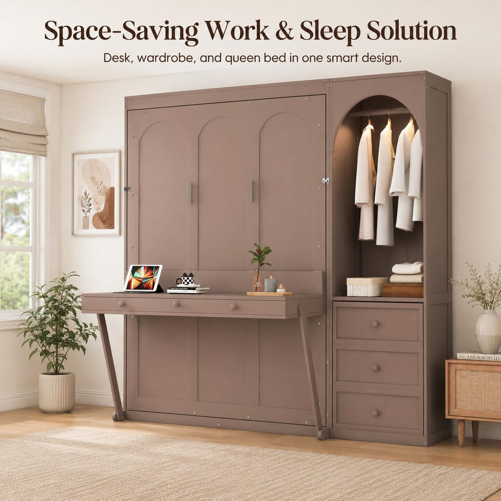 Queen Murphy Bed with Storage Shelf and 3 Drawers, Multifunctional Hidden Wall Bed with Desk and LED Light for Small