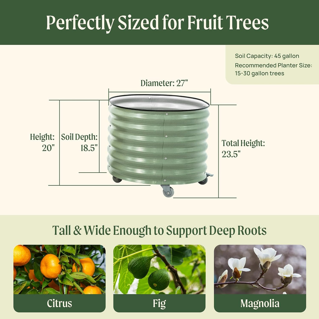 Rolling Metal Citrus Tree Planter Pot, 27′′ Round Planter Box for Porch Patio & Backyard, 45 Gallon Large Planter Pot