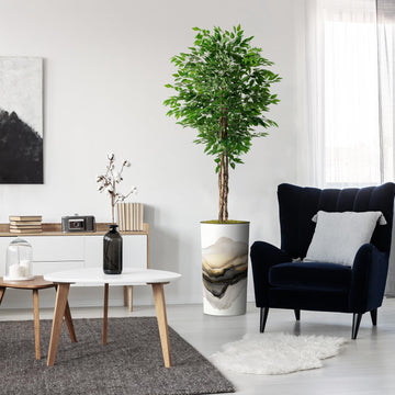 Artificial Tree in Flowing Black & White Smoke Abstract Shapes Planter, Fake Ficus Silk Tree for Indoor and Outdoor