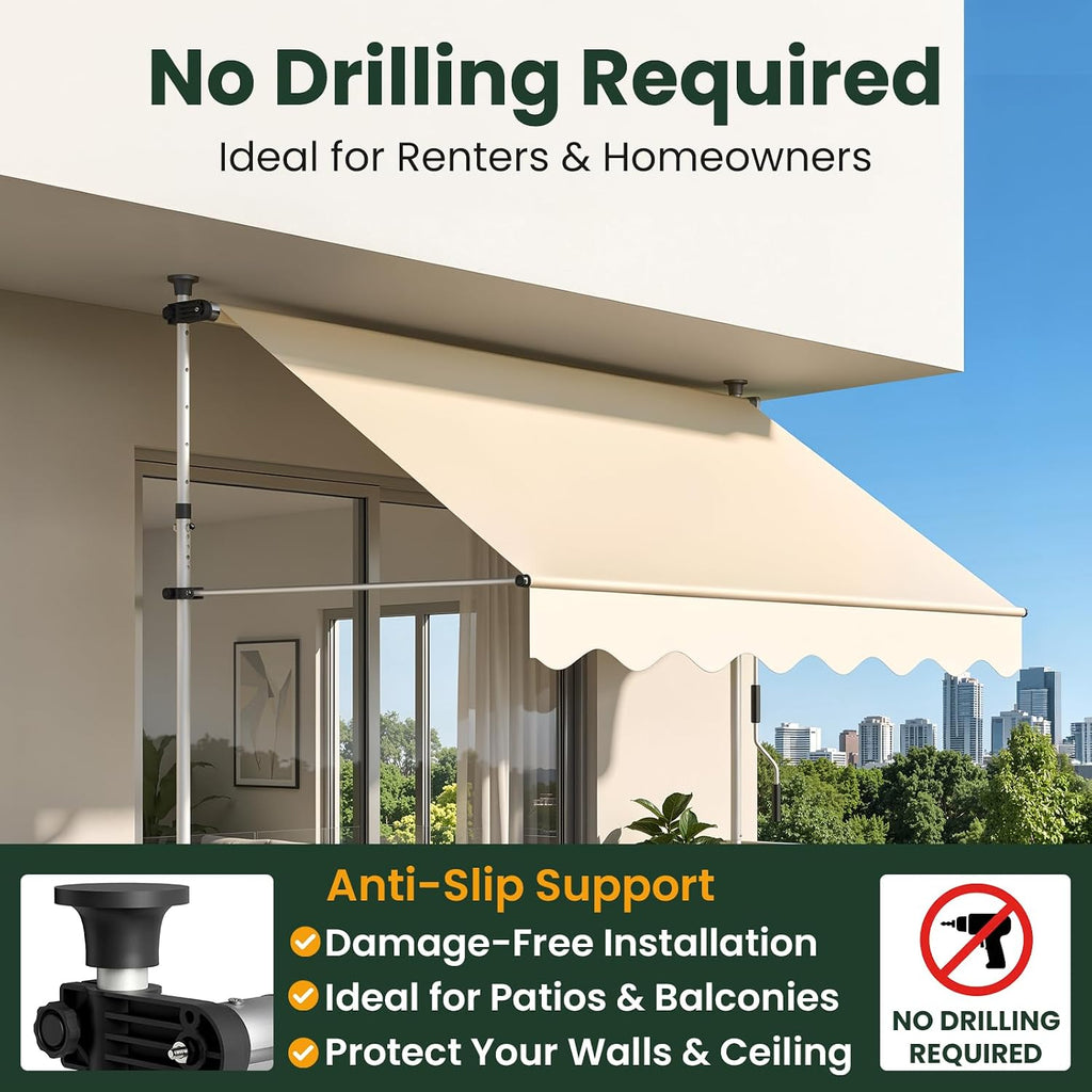 Manual Retractable Awning - 118" x 47" Patio Outdoor Door Window Awning Canopy, Adjustable Height 86-122", UV &