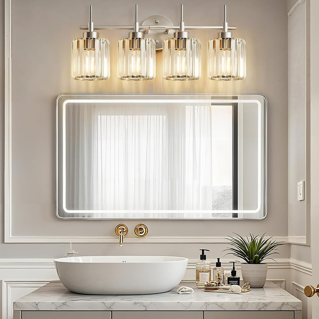 Crystal Bathroom Vanity Lights, 4 Light Bath Mirror Light Brushed Nickel Round Crystal Wall Mount Light Fixture Over