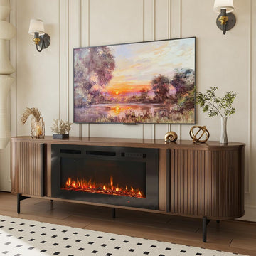 70" Fluted TV Stand with Fireplace, Mid Century Modern TV Stand, Entertainment Center for TVs Up to 80"