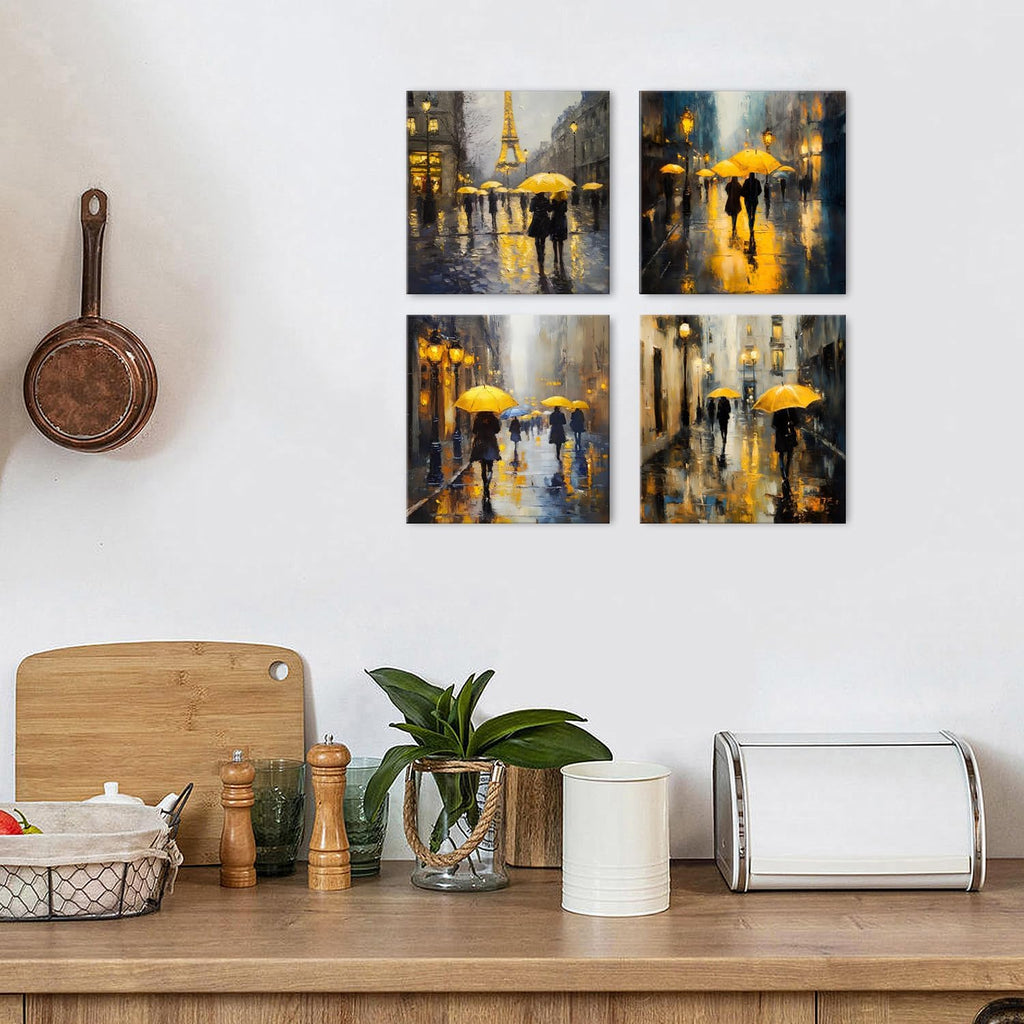 Abstract Paris Wall Art City Pictures Rainy Street Landscape Paintings Canvas Prints Yellow and Grey Wall Decor