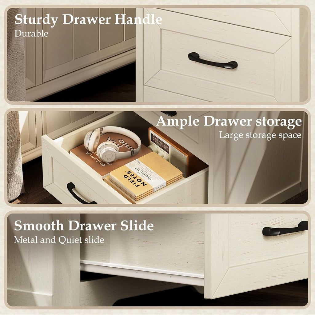 Farmhouse Nightstand Set of 2, Bedside Tables with Charging Station & LED Lights, End Tables with Two Drawers and