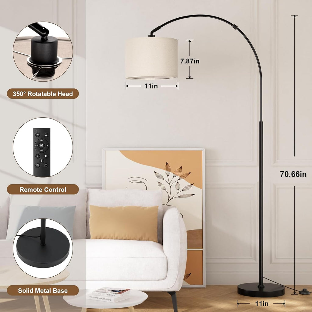 70 Dimmable Arc Floor Lamp with Remote, Color Temperatures and Brightness Adjustable