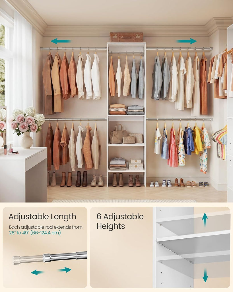 Closet System, Customizable Walk-In Closet Organizer System with Adjustable Hanging Rods and Storage Shelves, White