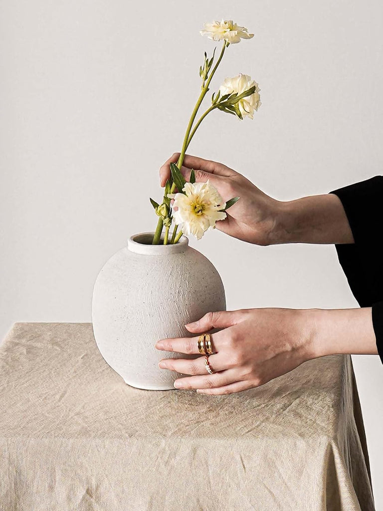 Small White Ceramic Vase - 6.3 Inch Rustic Farmhouse Flower Vase