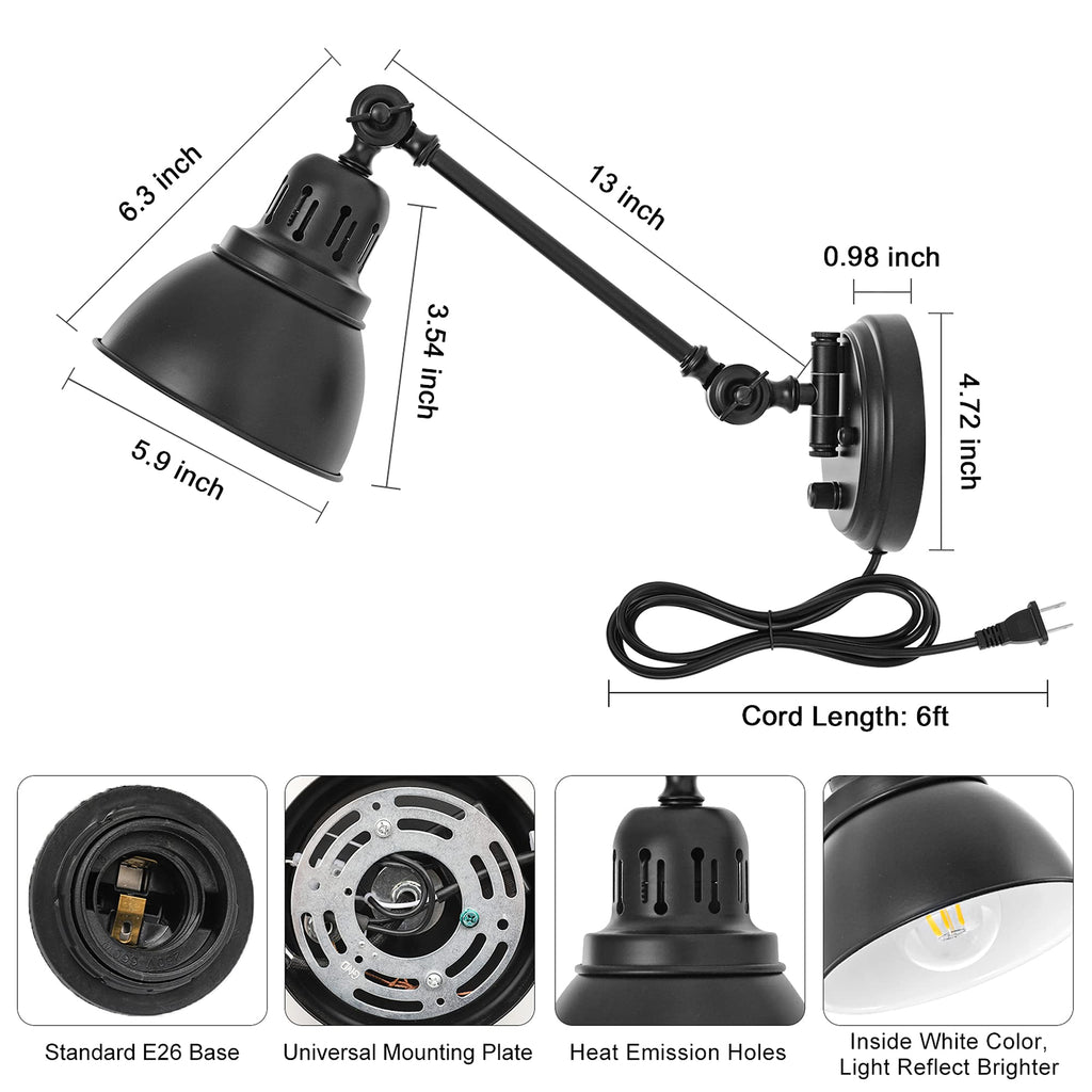 Plug in Wall Sconces, Wall Sconce Lighting with Dimmable On Off Switch, Swing Arm Wall Lamp, Black Metal Industrial