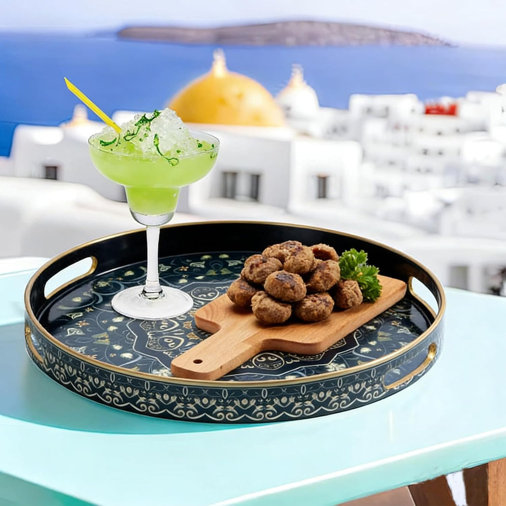 Round Serving Tray with Handles - Large Round Ottoman Tray Coffee Table Tray,Plastic Decorative Serving Trays for