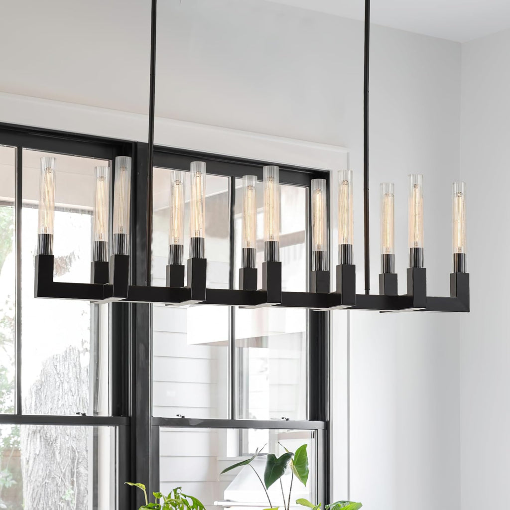 54-inch Linear Dining Room Pendant Light Fixture with Glass Tube,Black Rectangular 12-Lights Industrial Kitchen Island Lighting Over Table(Included E26 Bulbs) A114-B0F1FDB52L