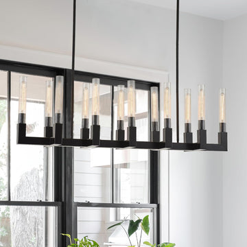 Inspired Cannele Style 54-inch Linear Dining Room Pendant Light Fixture with Glass Tube,Black Rectangular 12-Lights Industrial Kitchen Island Lighting Over Table(Included E26 Bulbs)