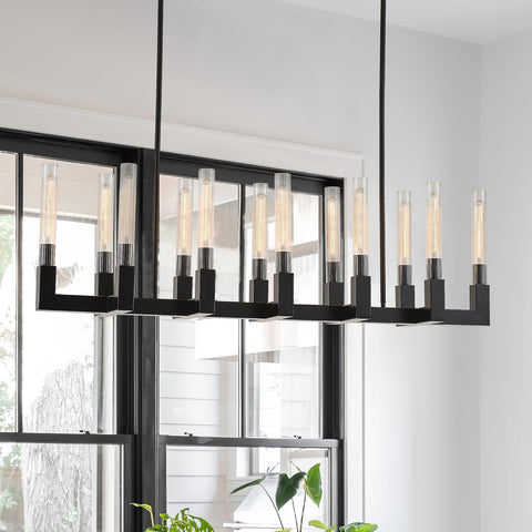 54-inch Linear Dining Room Pendant Light Fixture with Glass Tube,Black Rectangular 12-Lights Industrial Kitchen Island Lighting Over Table(Included E26 Bulbs) A114-B0F1FDB52L