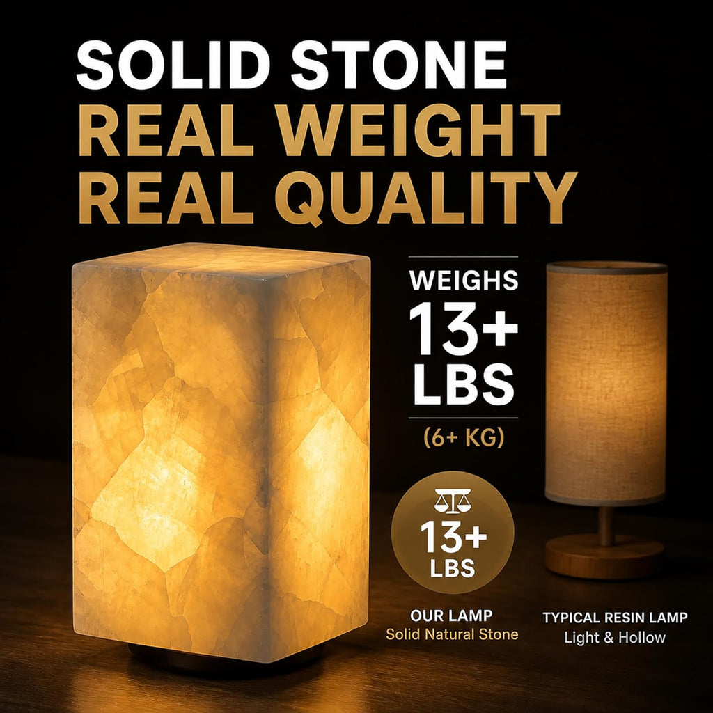 Natural Calcite Stone Table Lamp, Handcrafted Solid Stone Lamp with Unique Crystal Texture, Dimmable 3-Color LED