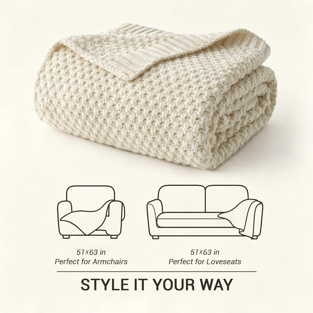 Chunky Cable Knit Throw Blanket Lightweight Cream 100% Organic Cotton Blanket for Sofa Couch Bed Baby Nursery, Rustic