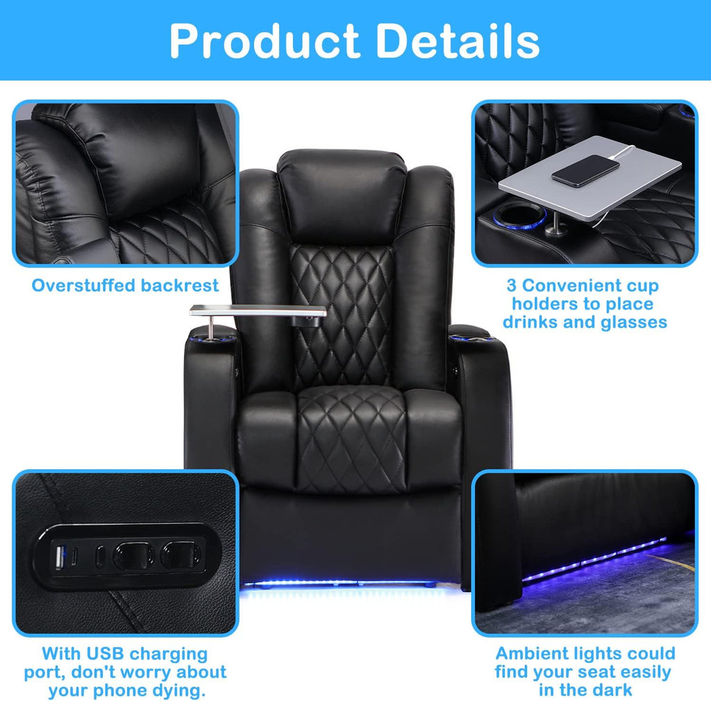 Home Theater Seating Top Grain Nappa Leather Recliner Chair Dual Power Movie Gaming Sofa Electric Headrest with Tray
