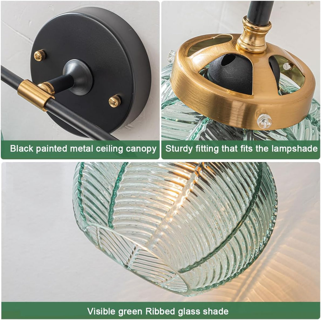 Mid Century Vanity Light Black Bathroom Wall Light Fixtures Green Glass Wall Sconce lamp Ribbed Glass Shade Modern