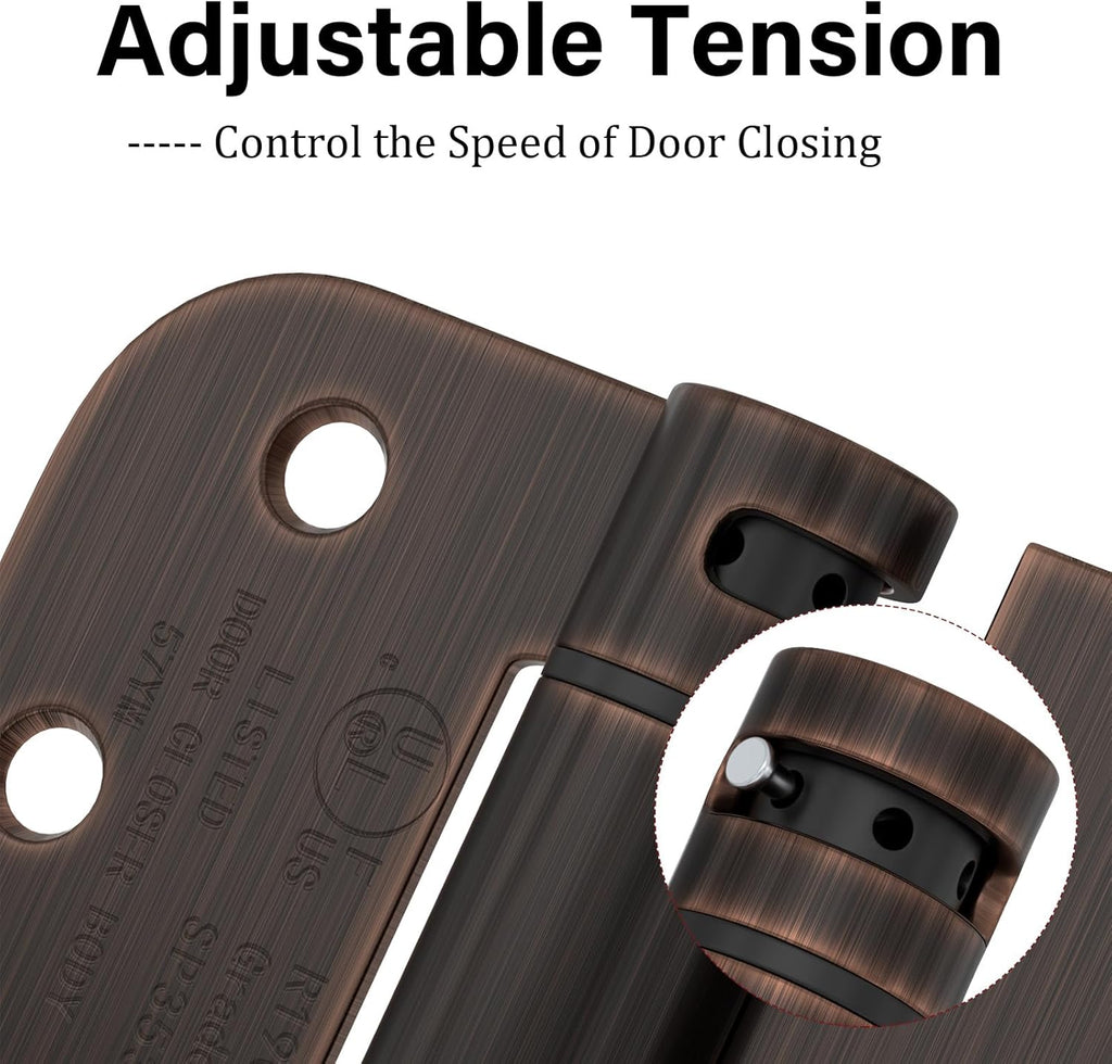 Self Closing Door Hinges 3 Pack Oil Rubbed Bronze Spring Loaded Hinges 4 Inch with 5/8" Radius Corner Adjustable