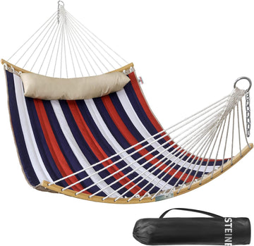 Double Hammock, 11 FT Quilted Fabric 2 Person Hammock for Outside with Pillow, Folding Curved Spreader Bar, Chains