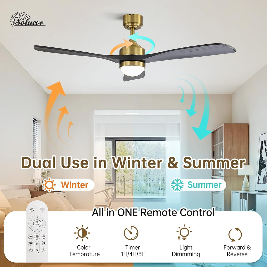 52" Solid Wood Ceiling Fan Lights, Flush Mount & Downrod Mount Ceiling Fan with Lights and Remote