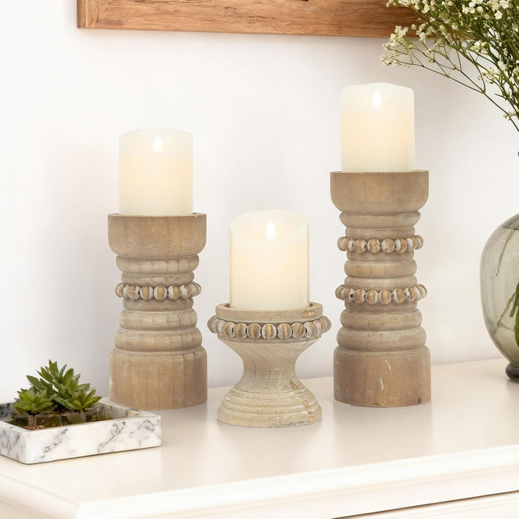 Rustic Natural Wood Candle Holders Set of 3, Farmhouse Beaded Wood Pillar Candle Holder, Candle Holders for Pillar