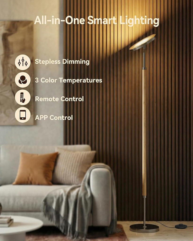 Wood Torchiere Floor Lamp, Super Bright Stepless Dimmable LED Uplight Standing Lamp with Remote Adjustable Color