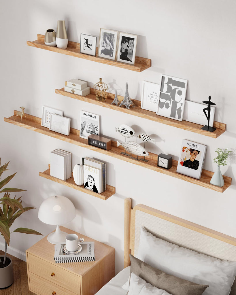 Oak Picture Ledge Shelf, 36 Inch Floating Shelves Set of 2, Solid Oak Wood Wall Shelves with Lip, Wall Decor Storage