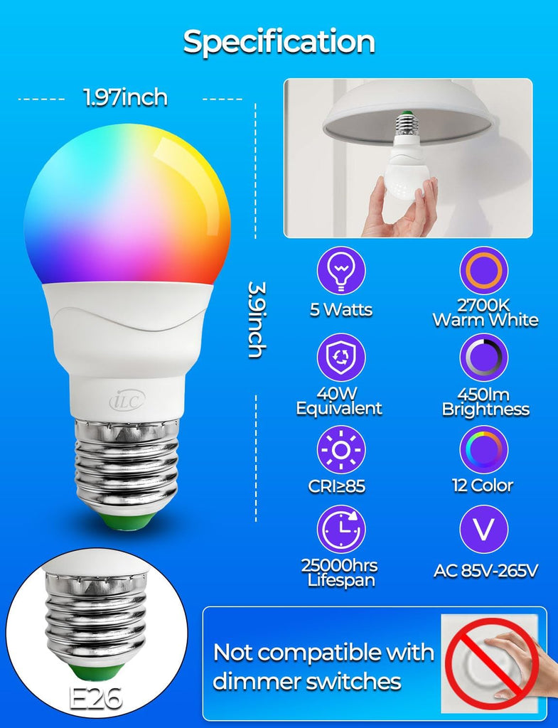 RGB LED Light Bulb, Color Changing Light Bulb, 40W Equivalent, 450LM, 2700K Warm White 5W E26 Screw Base RGBW, A15 (4 Pack)