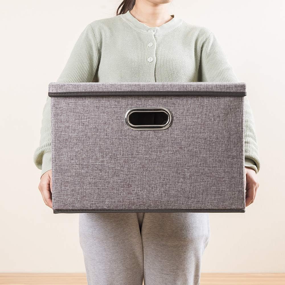 Large Collapsible Storage Bins with Lids [3-Pack] Linen/Cotton Blend Foldable Storage Boxes Organizer Containers