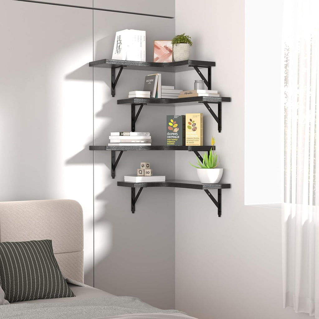 Corner Floating Shelves Wall Mounted Set of 4, Rustic Wood Storage Display Shelves Decor, Bathroom, Kitchen, Bedroom