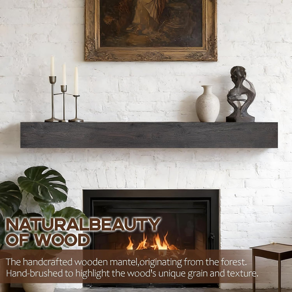 White Oak, 60 Solid Wood Floating Shelf Over the Fireplace, Wall-Mounted Rustic Mantel, Blackish Gray