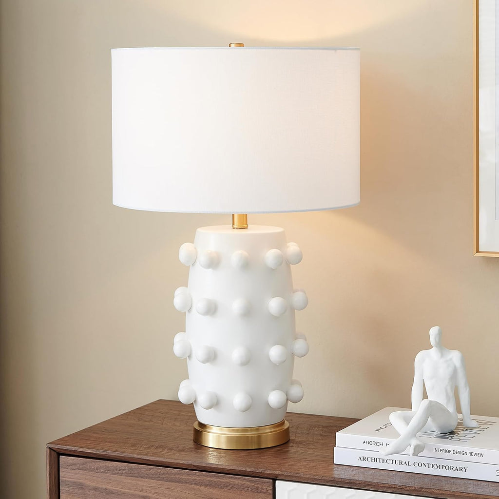 25.5'' Modern 1-Light Ceramic Table Lamp with Spherical Orbs on Lamp Body with White Fabric Drum Shade, or Office