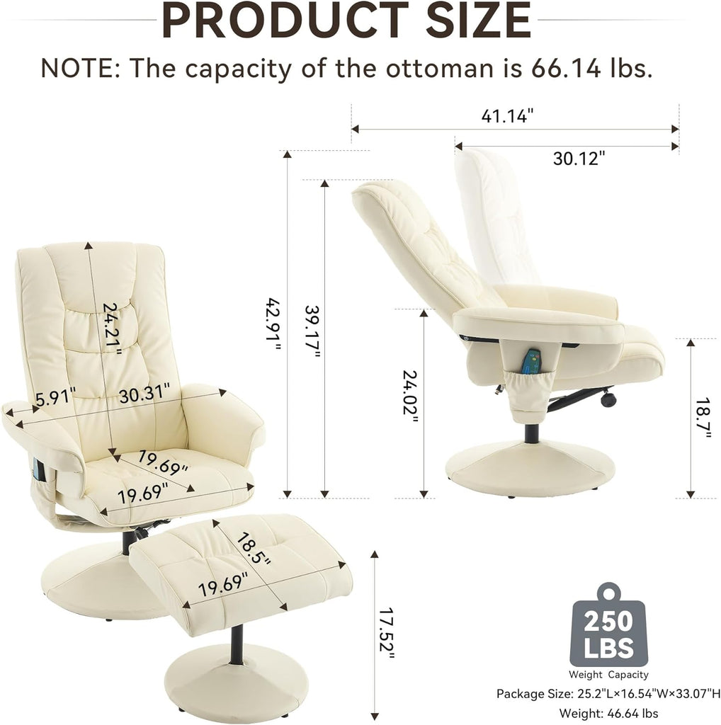 Modern Reclining Swivel Lounge Chair and Ottoman — White