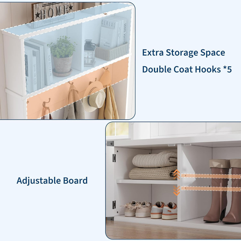 Farmhouse Hall Tree with Bench and Shoe Storage, 77" Tall Entryway Hall Tree w/ 5 Tri-Hooks Coat Rack, Mudroom Rack
