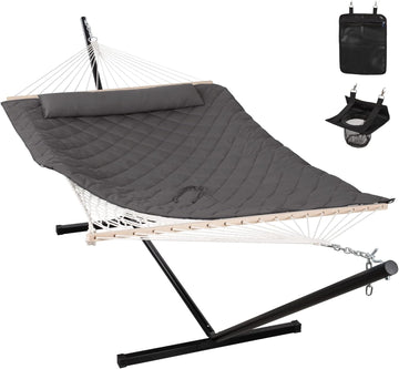 Heavy Duty Hammock with 12FT Stand, Rope Hammock for Outside, Gray | Double Hammock with Stand, Includes Hammock Pad