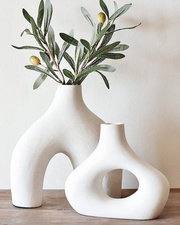 Donut Vase, Set of 2 - White Large Ceramic Vase - Minimalist Nordic, Hollow | Table Centerpiece, Olive Plant, Wedding