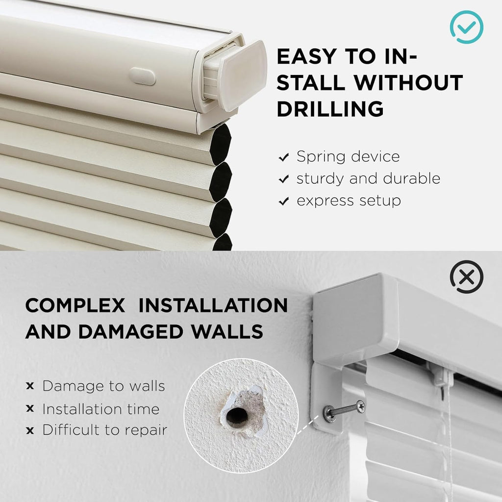 No Drill Blackout Cordless Cellular Shades, 31" W x 64" H, Beige