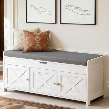 Farmhouse Shoe Storage Bench with Cushion, 3 Doors & Lift-Top Storage, Adjustable Shelves, 300 lbs Capacity Entryway