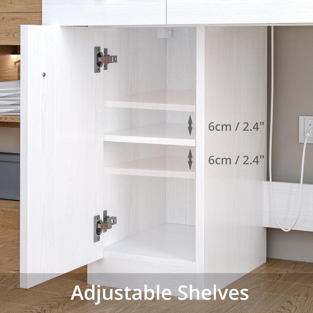 Vanity Desk with Charging Station and Dressing Room | LED Lights, Drawers, Mirror, Storage, Drawer space