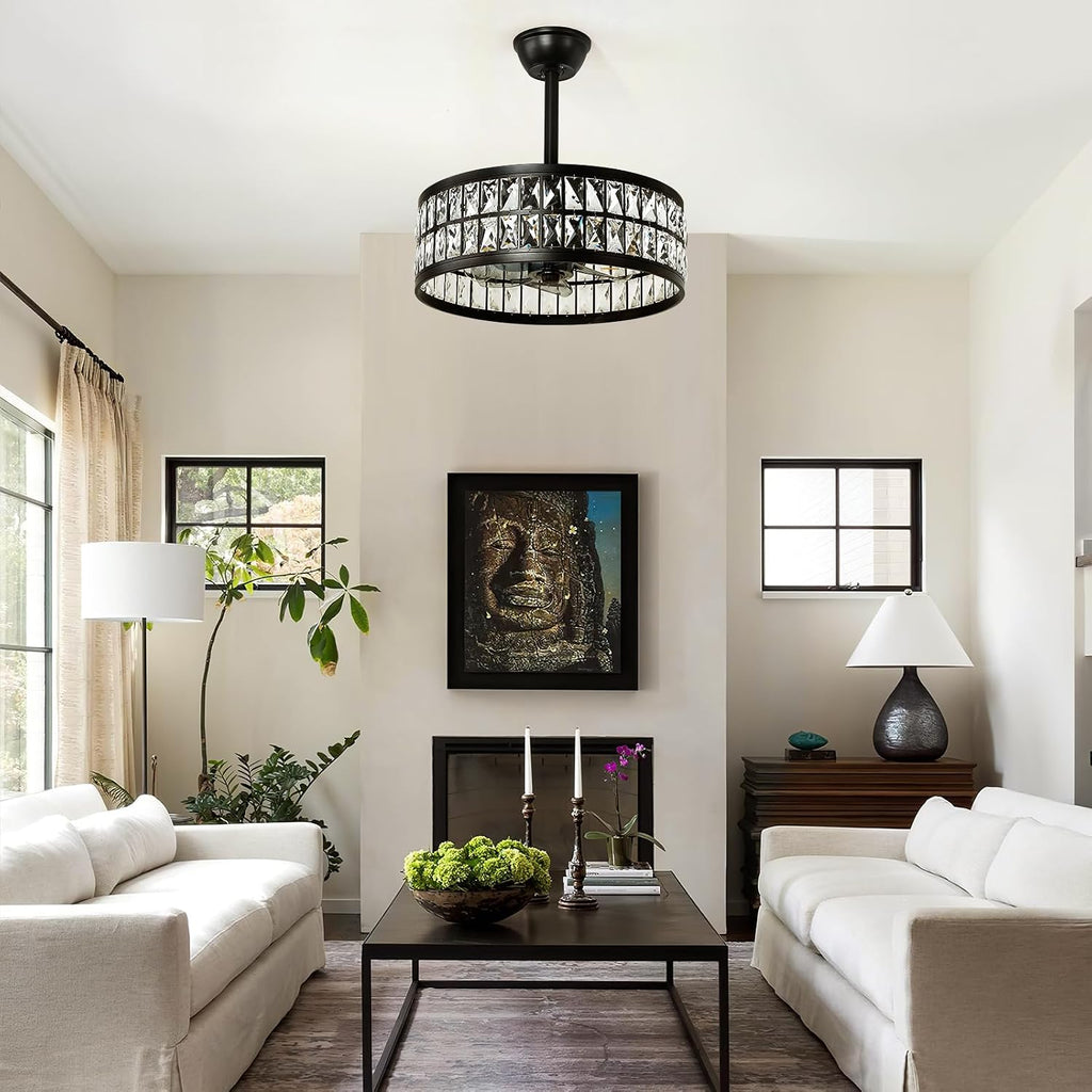 Black Caged Ceiling Fan with Light and Remote Control 19" Bladeless Crystal Modern Fandelier Semi Flush Mount