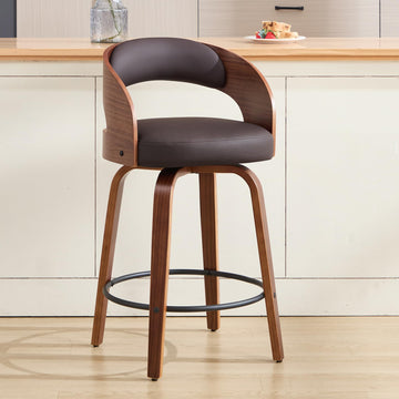 Swivel Bar Stool Set of 1, 26" Faux Leather Upholstered Counter Height Barstool with Back, Mid-Century Modern Bar Chair