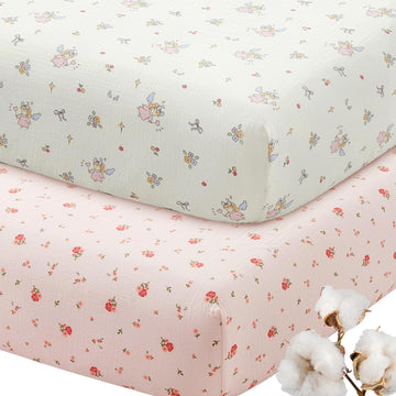 2 Pack Muslin Crib Sheets for Girls, Ultra Soft Cotton Breathable Fitted Baby Crib Mattress Sheets for 52"x28"
