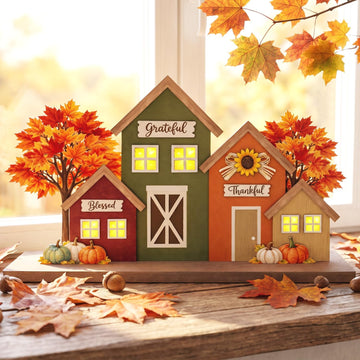 Fall Decor with LED Lights, Blessed Grateful Thankful Wooden Harvest Village Table Sign, Lighted Tabletop Decorations