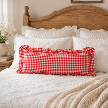 Ruffled Lumbar Pillow Cover 14x36 Gingham Red