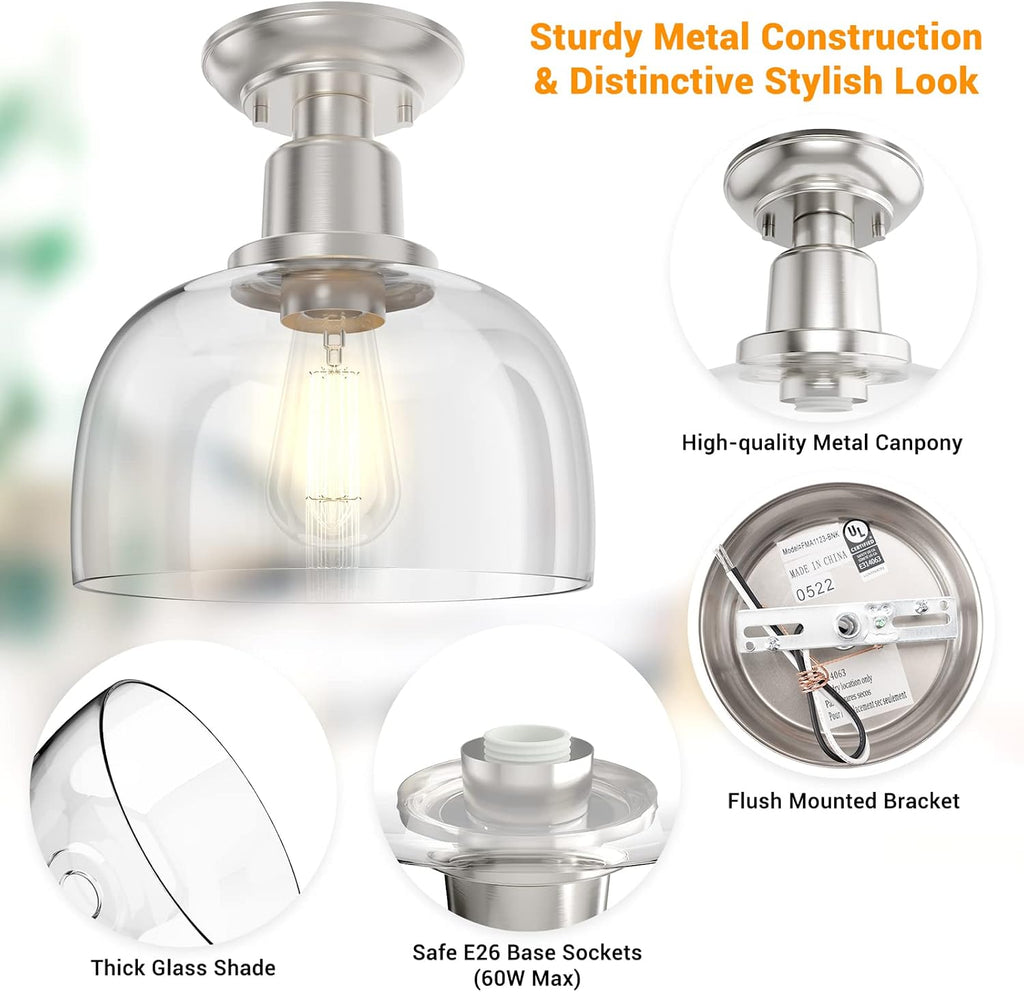 Semi Flush Mount Ceiling Light, Modern Light Fixture with Clear Glass Shade, Brushed Nickel Finish Corridor Kitchen