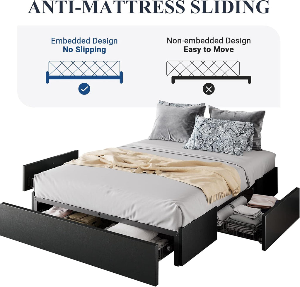 Full Platform Bed Frame with 3 Storage Drawers, Faux Leather Upholstered, Wooden Slats Support, No Box Spring Needed