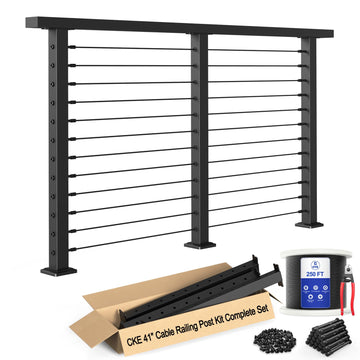 10ft-15ft Complete Set 42" Cable Railing Post Kit, 3Pack Black Level Drilled Line Posts(35"x2"x2"), Swageless Deck