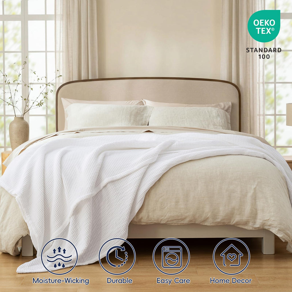 100% Cotton Waffle & Muslin Blanket Queen Size, 90" x 90", White