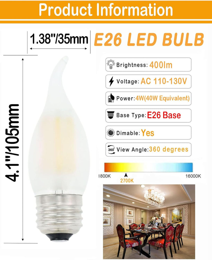 LED Candelabra Bulb 4W Dimmable 40W Equivalent,Frosted Glass Flame Tip Shape,E26 Base 2700K Warm White Decorative