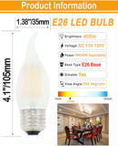 LED Candelabra Bulb 4W Dimmable 40W Equivalent,Frosted Glass Flame Tip Shape,E26 Base 2700K Warm White Decorative