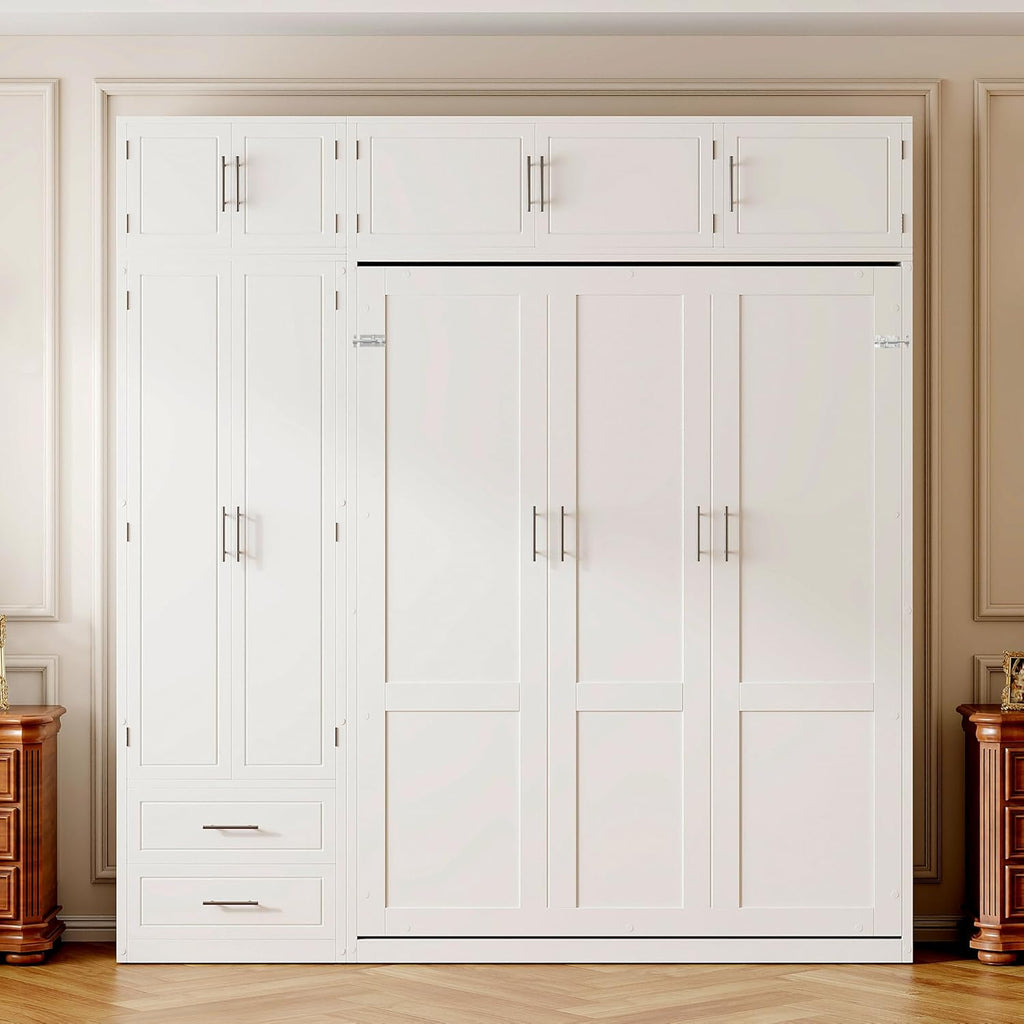 Queen Murphy Bed with Top Cabinet, Shelves and Wardrobe, Fold into The Wall, Space-Saving Design, Multifunctional
